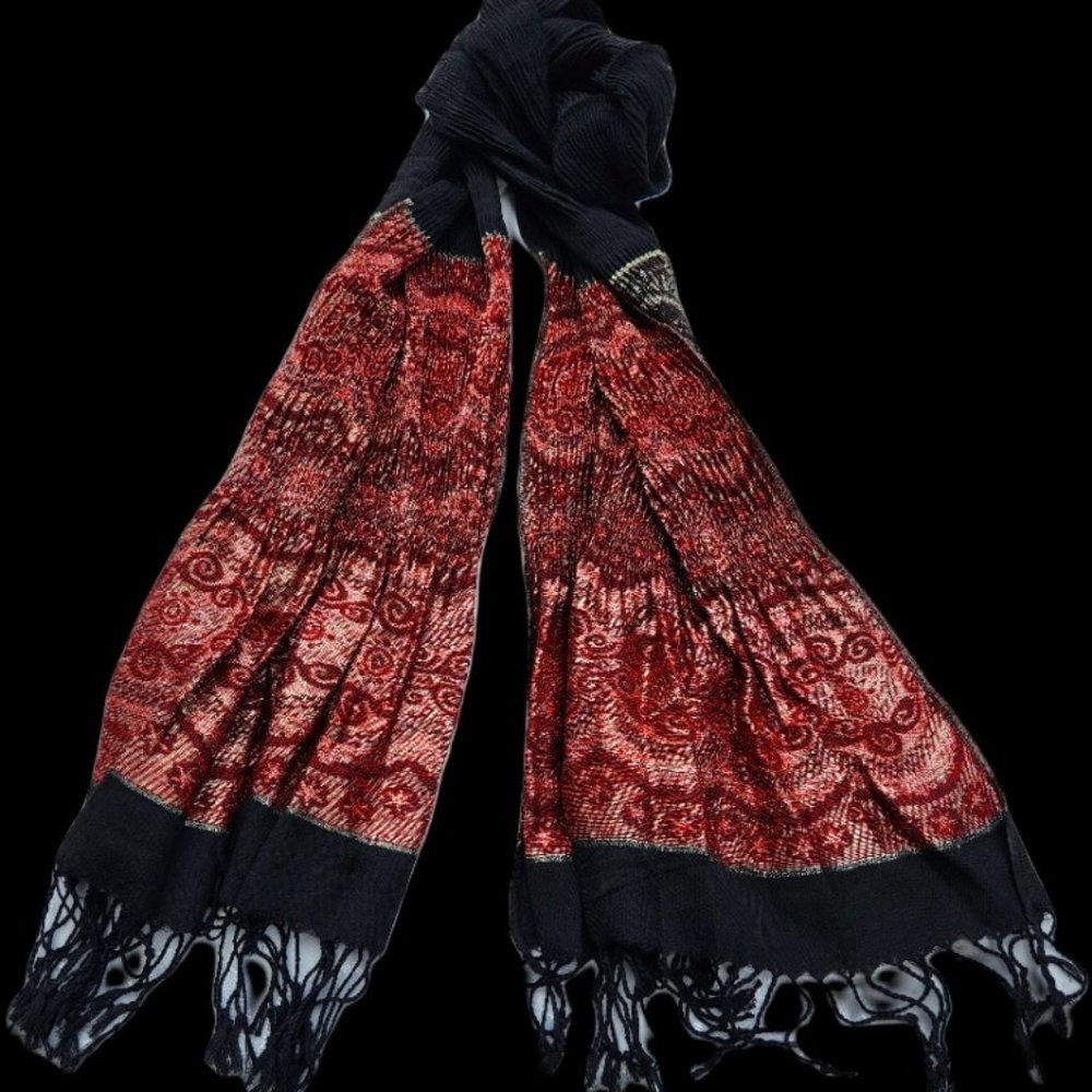 Black Multicolor Metallic Fringed Pashmina, Headwrap, Scarf Rushed Pashmina